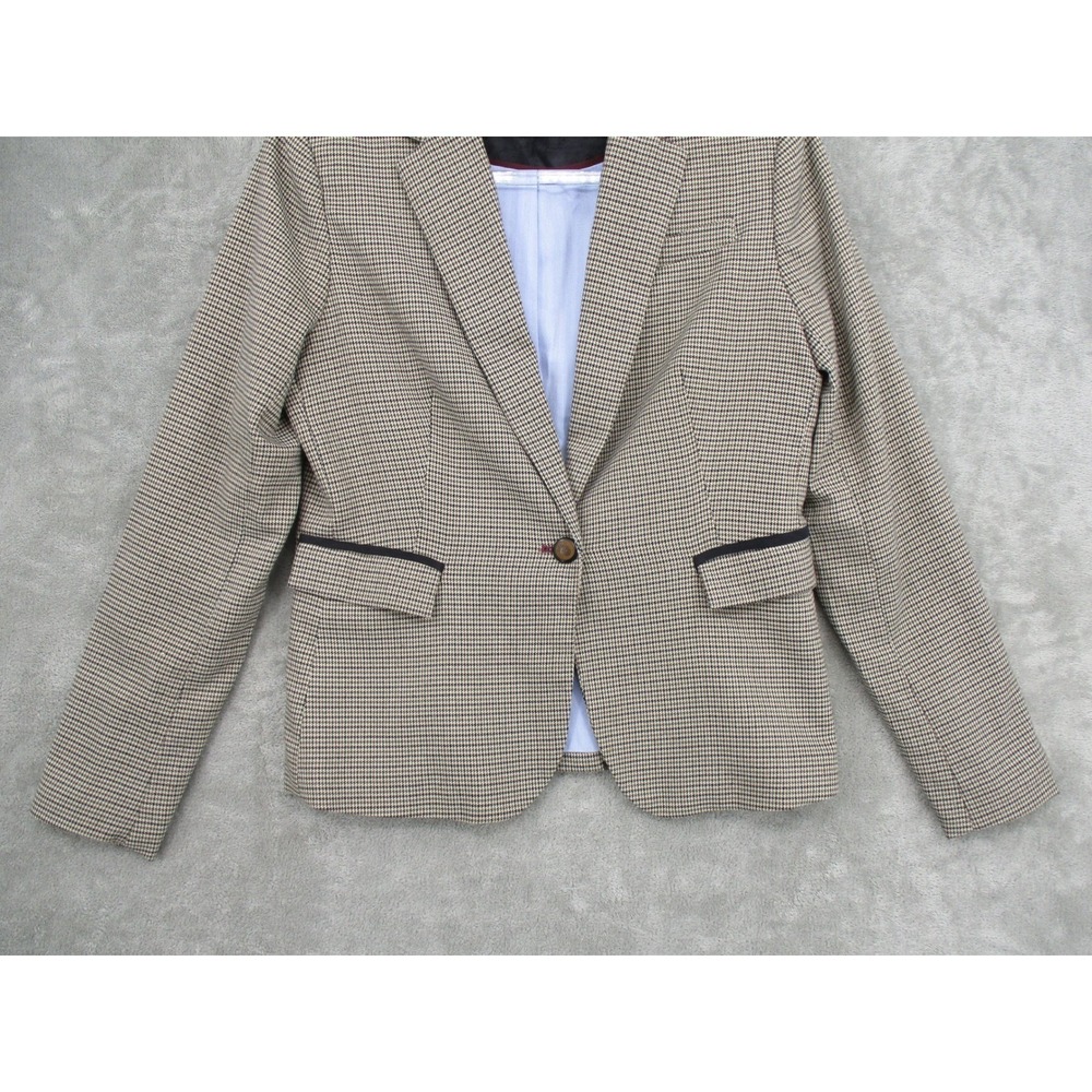 British Khaki Blazer Womens Medium Houndstooth Elbow Patch Academia Preppy Lined - Picture 4 of 10